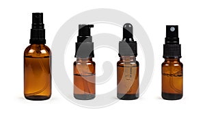 Collection amber glass bottles for cosmetics, natural medicine, essential oils or other liquids