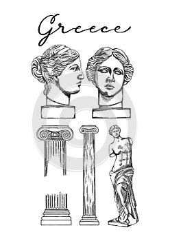 Collection of ancient columns and sculptures of Venus de Milo photo