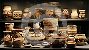 Collection of ancient pottery vessels with geometric patterns