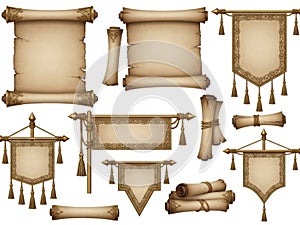 Collection of ancient scrolls isolated on white background