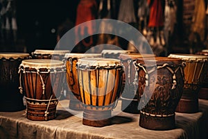 Collection of ancient vintage wooden drums. Oriental musical instruments