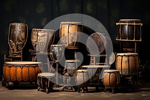 Collection of ancient vintage wooden drums. Oriental musical instruments