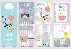 Collection of animal cards set with girl,bear,monkey,cloud.Vector illustration for birthday invitation,postcard