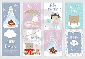 Collection of animal cards set with girl,bear,rabbit,cloud.Vector illustration for birthday invitation,postcard