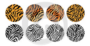 Collection of animal fur pattern circular illustration. Vector background with texture