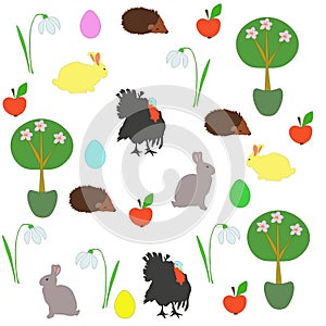 Collection of animals, birds, flowers, plants. Turkeys, rabbits, hedgehogs, snowdrops, red apples, potted trees icons set, vector