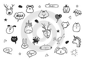 Collection of animals, hearts, lettering cute stickers