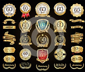 Collection of Anniversary gold laurel wreath badges and labels vector illustration