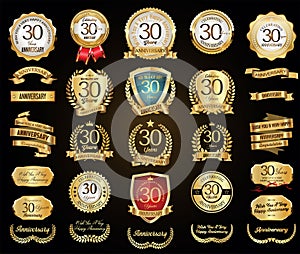 Collection of Anniversary gold laurel wreath badges and labels vector illustration