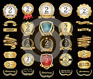 Collection of Anniversary gold laurel wreath badges and labels vector illustration