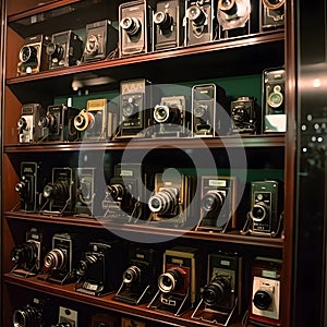 collection of antique cameras in a display case generative AI