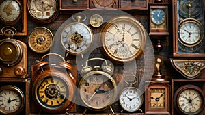 Collection of antique clocks symbolizing the concept of time and time management