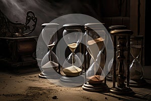 Collection Of Antique Hourglasses With Dark Sand Running Out. Generative AI