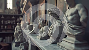 Collection of antique statues in the museums storeroom