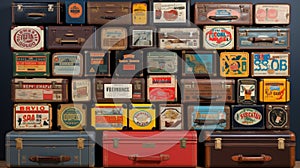 A collection of antique suitcases, each bearing stickers of world economic capitals