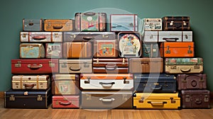 A collection of antique suitcases, each bearing stickers of world economic capitals