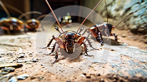 Collection of ants gathered on top of a wooden floor, displaying coordinated behavior and potentially foraging for food photo