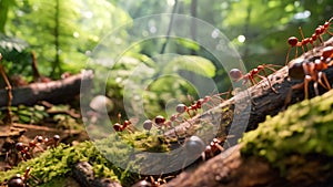 A collection of ants moving in a line across a wooden log lying on the forest floor, Ants following a pheromone trail in a lush