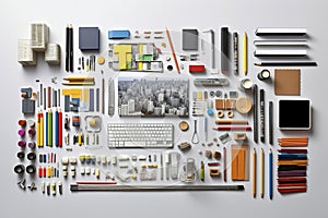 Collection of architect labor tools on white background organized