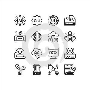 Artificial Intelligence and Cloud Computing Line Icons Set â AI, UI, Data, and Technology Outline Symbols