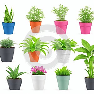 Collection of Artificial Plants in Flower Pots, Isolated on a White Background.