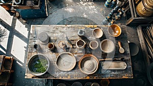 Artisan pottery and tools arranged on a rustic wooden table