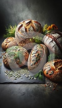 Collection of artisanal breads decorated green and seeds on a stone surface. Generative AI