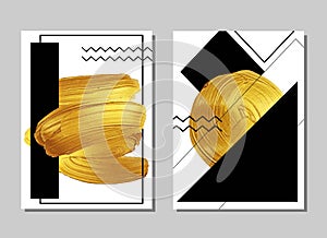 Collection of artistic creative universal cards templates. Golden brush strokes and circle. Poster, card, invitation