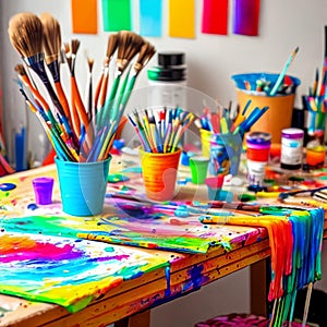 Collection of artistically arranged paintbrushes and tubes of colorful acrylic paints on a messy studio table.