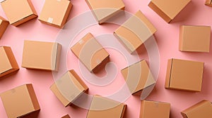 A collection of assorted brown cardboard boxes on a soft pink backdrop, offering a perfect mockup for various designs