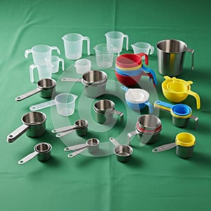 A collection of assorted measuring cups and spoons displayed on a