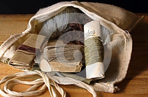 A COLLECTION OF ASSORTED MILITARY REPAIR KIT THREAD AND DARNING YARN IN A CLOTH BAG