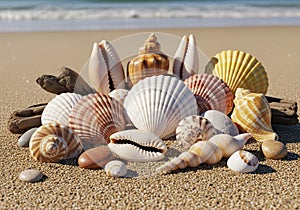 A collection of assorted seashells and pebbles arranged on a sandy beach. The shells