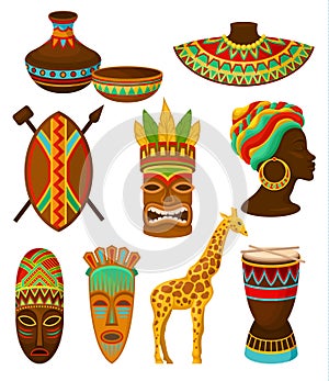 Collection of authentic symbols of Africa, crockery, weapon, mask, drum with traditional ethnic ornament vector