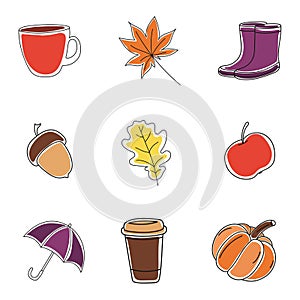 Collection of autumn attributes, autumn elements. Vector set of fall icons or stickers, autumn card