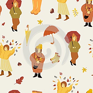 Collection Autumn Seamless Pattern. Cute autumn cartoon girls, fall backgrounds, Thanksgiving texture