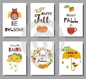 Collection of autumn typography flyer template with lettering. Bright fall elements vector