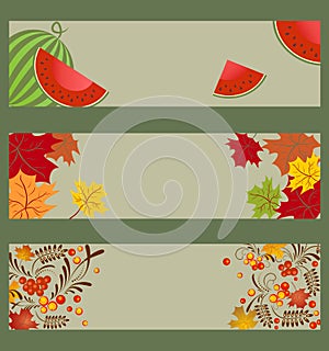 Collection of autumnal horizontal banners with watermelon, ashberry and maple leaves