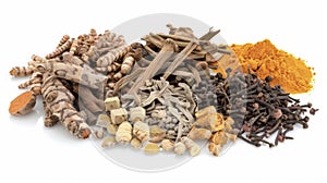 A collection of ayurvedic herbs including ashwagandha and turmeric chosen for their healing properties and often used in