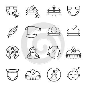 Collection baby diaper icon vector illustration. Set of toddler hygienic clothes and equipment