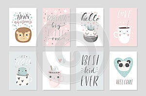 Collection of 8 baby shower posters, vector invites.