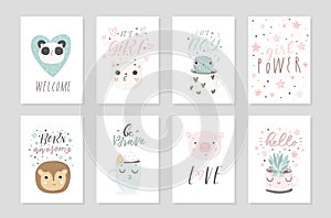 Collection of 8 baby shower posters, vector invites.