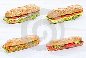 Collection of baguette sub sandwiches with salami ham cheese sal