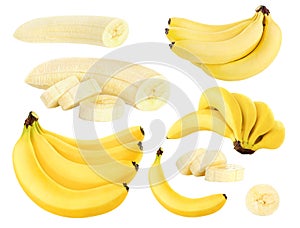 Collection of banana fruits whole, peeled and cut isolated on white