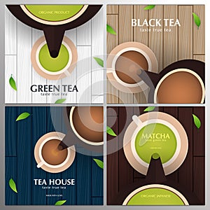 Collection banner of Tea Ceremony with cup and teapot. Green, Black and Matcha Japanese tea with leaves and wooden