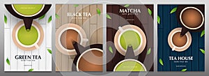 Collection banner of Tea Ceremony with cup and teapot. Green, Black and Matcha Japanese tea with leaves and wooden