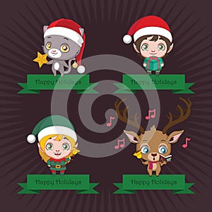 Collection of banners with cute Christmas characters