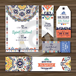 Collection of banners, flyers or invitations with geometric tribal elements. Flyer design in bohemian style