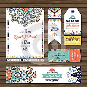 Collection of banners, flyers or invitations with geometric tribal elements. Flyer design in bohemian style