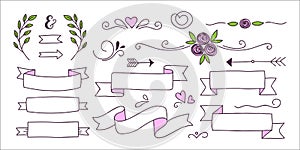 Collection of banners, hearts and floral elements